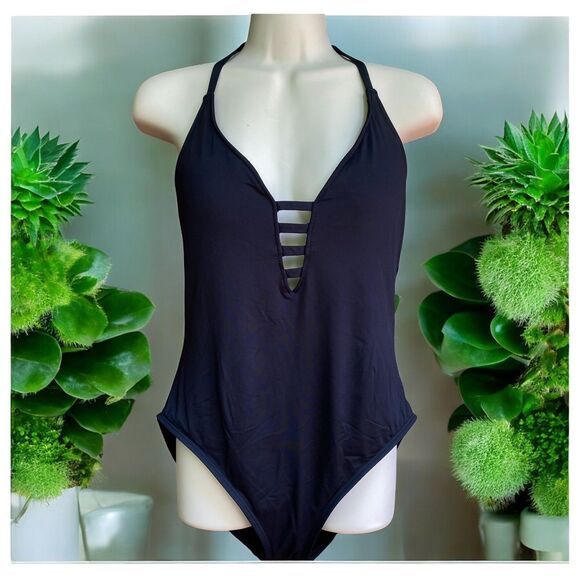 La Blanca Black Plunge Control Cross Strappy Back Maillot Swimsuit Size 14 - Picture 1 of 10